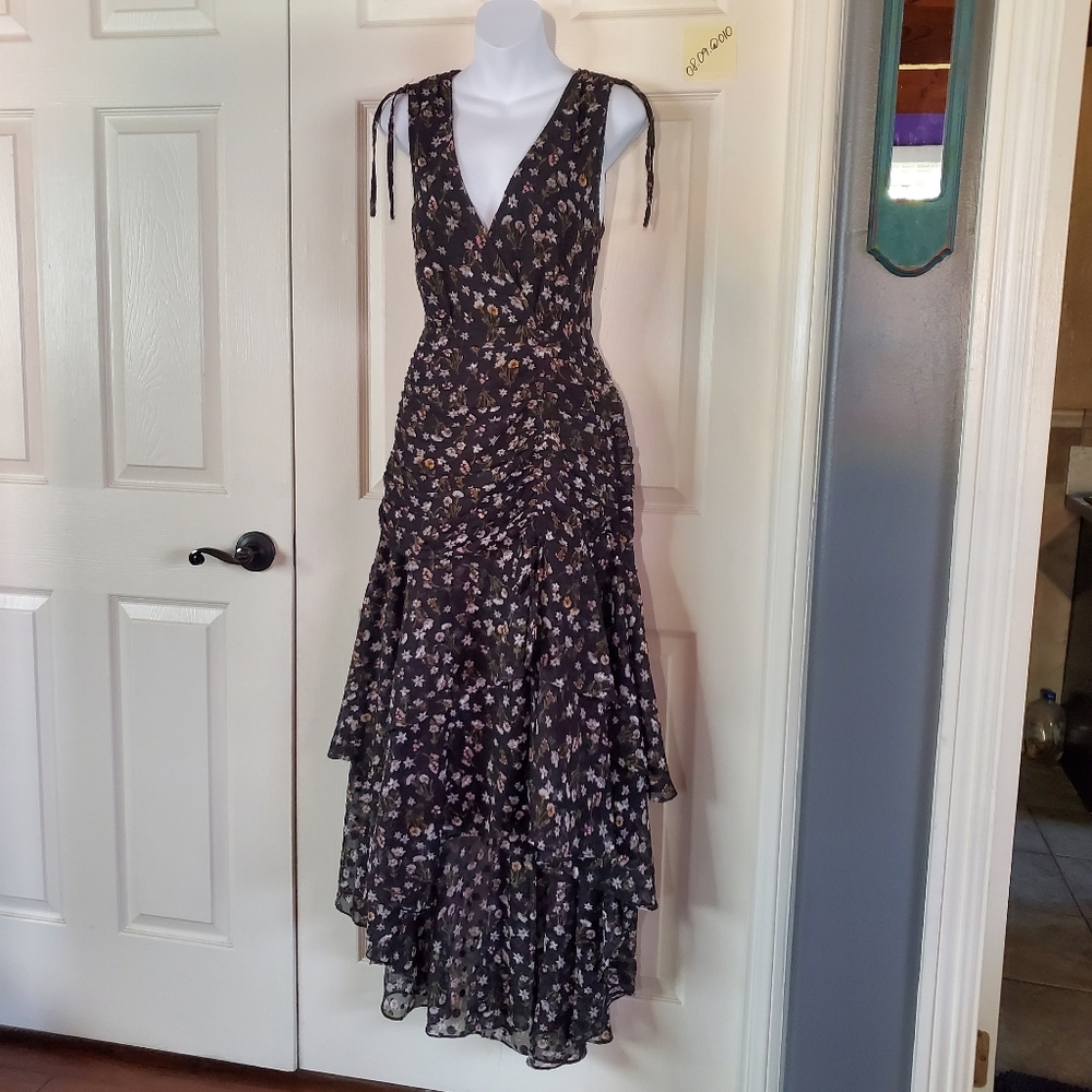 FARROW black Floral Sleeveless Ruffled Tiered Maxi Dress Fairy Princess Peasant